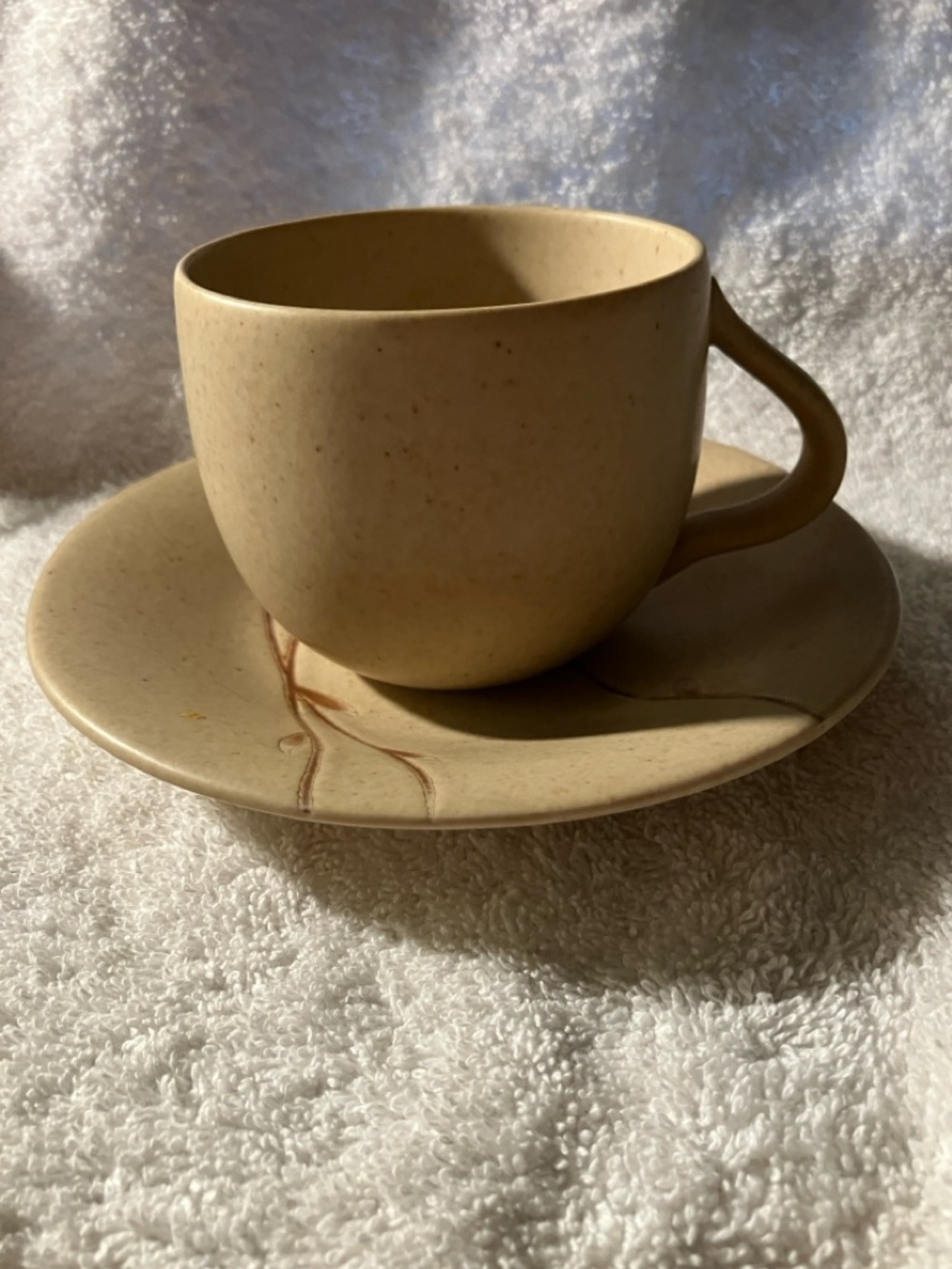 Pottery Barn Willow Speckled Beige Ceramic Teacup and Saucer Set
